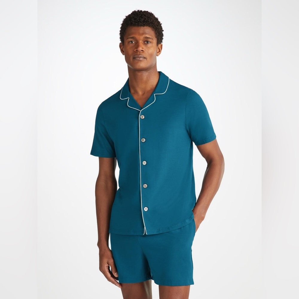 Derek Rose Men's Shirt Pajama Basel Micro Modal Stretch Poseidon Blue Size L